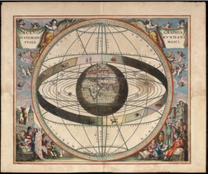 illustration du géocentrisme, figure montrant les signes du zodiaque et le système solaire avec la Terre en son centre